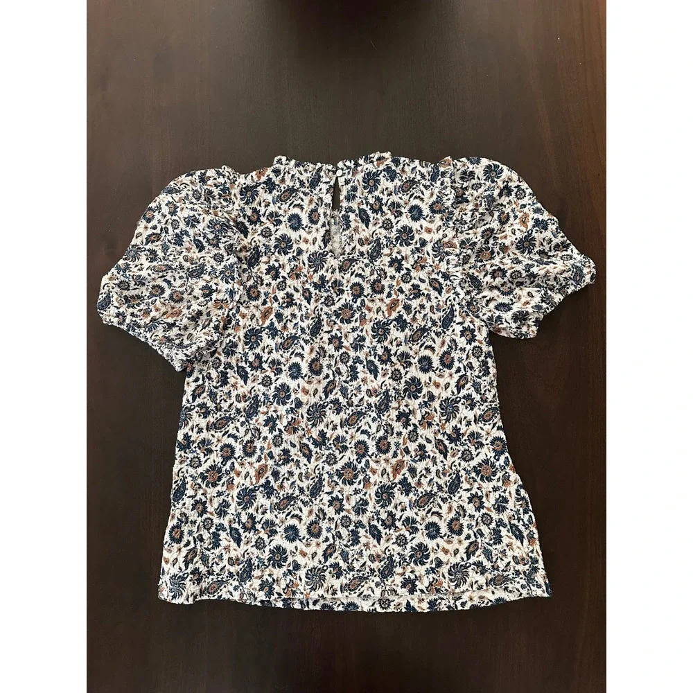 Floral Puff Sleeve Blouse Navy Rust Paisley Ruffle Neck Seersucker Top